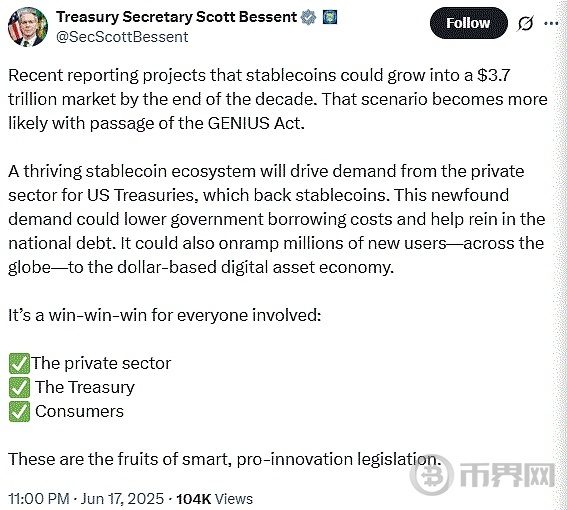Stablecoins May Help Cut U.S. Debt, Says Treasury Sec. Bessent